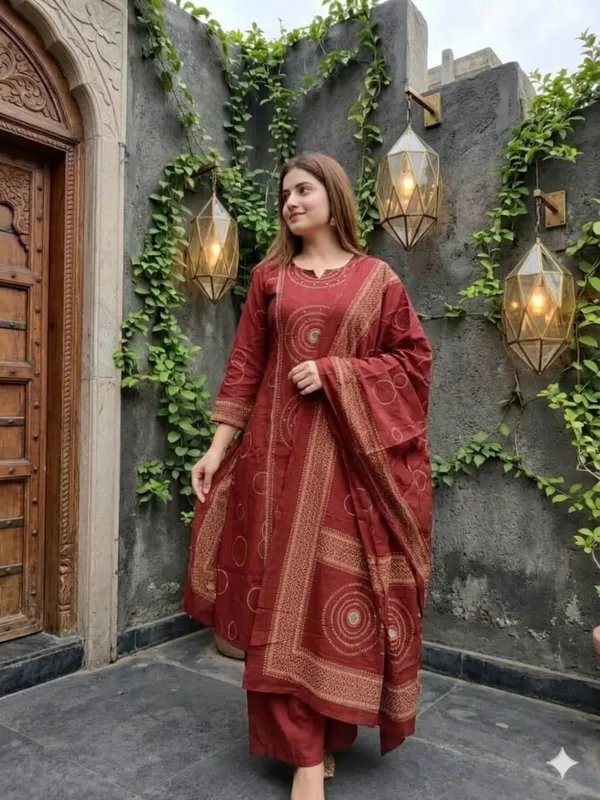 Full_Discharge_Print_Kurti_With_Pant_And_Dupatta_Set