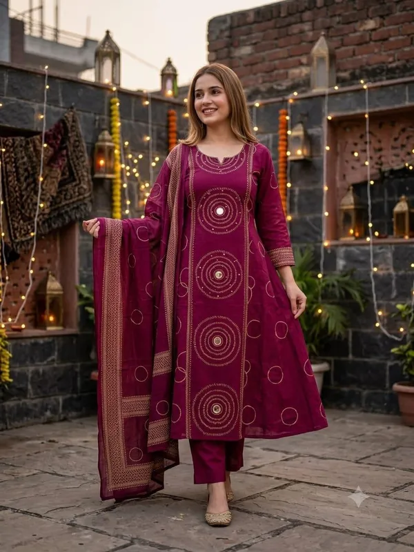 Full_Discharge_Print_Kurti_With_Pant_And_Dupatta_Set
