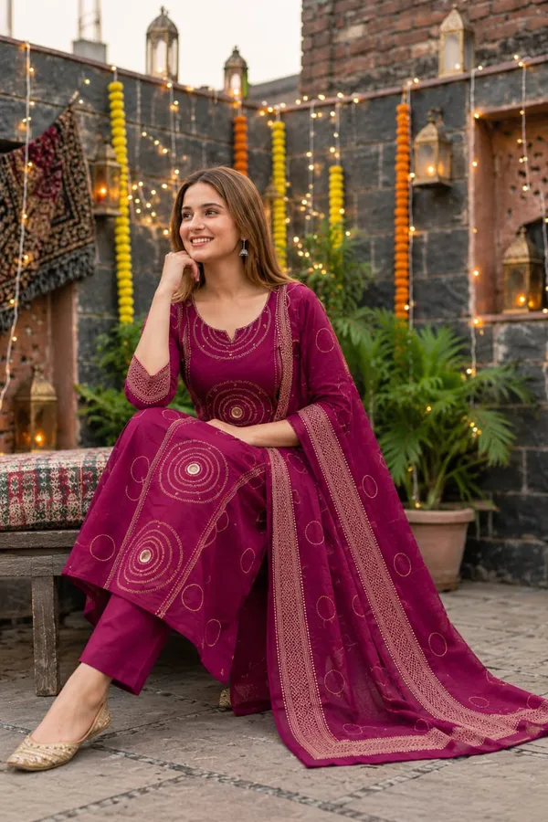 Full_Discharge_Print_Kurti_With_Pant_And_Dupatta_Set