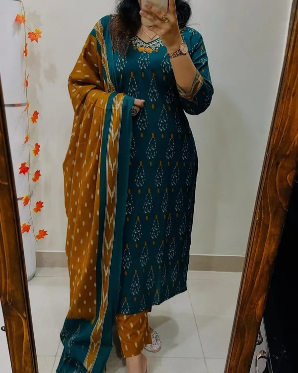 Green_ikkat_print_with_yoke_embroidery_with_pant_and_dupatta_For_Women