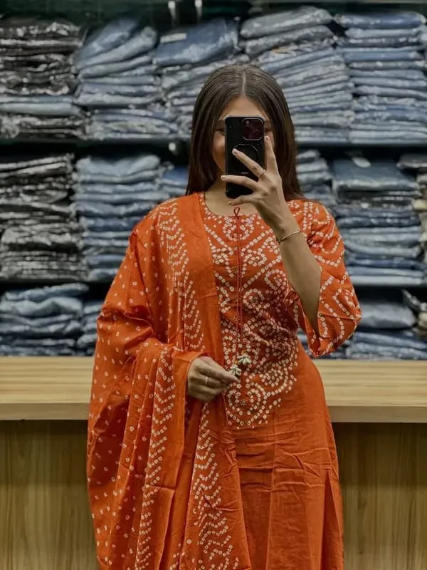 Rust_Orange_Bandhani_Discharge_Print_Kurta_With_Pant_And_Dupatta_Set