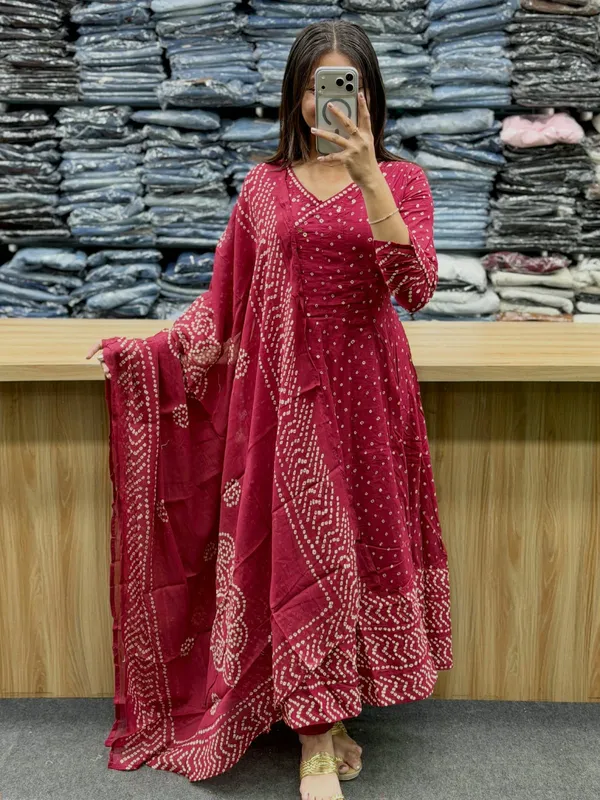 Stylish_Discharge_Print_Bandhej_Kurti_With_Pant_And_Dupatta_Set_