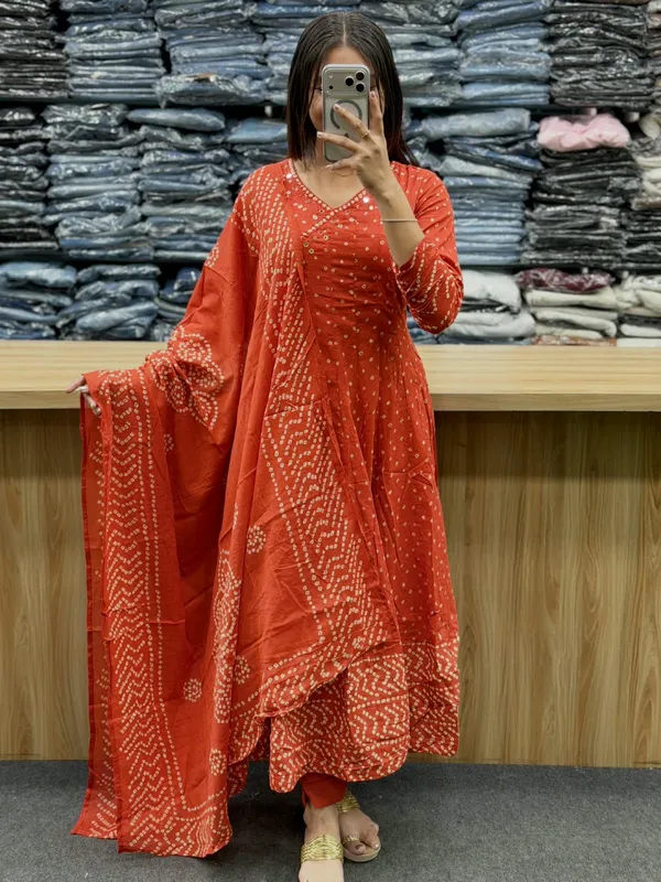Stylish_Discharge_Print_Bandhej_Kurti_With_Pant_And_Dupatta_Set_