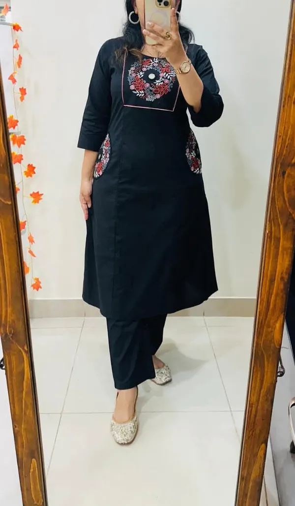 Stylish_Solid_Embroidery_Kurti_With_Pant_Set