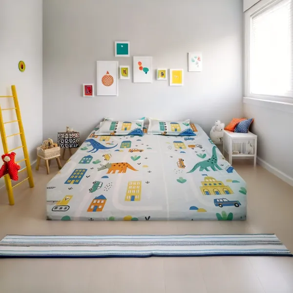 Multicolor_Kids_Printed_Jungle_Theme_Pure_Cotton_Bedsheet_With_2_Pillows