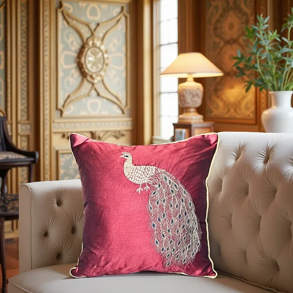 Maroon_Silk_Designer_Zari_Peacock_Embroidered_Cushion_Cover