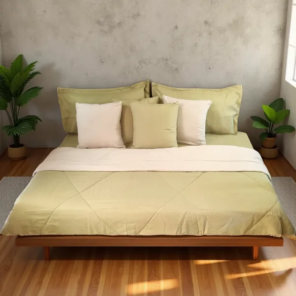Blossoms_9_pc_green_and_cream_bedding_set_with_soft_and_durable_micro_cotton_fabric_._Includes_1_comforter(reversible)_,1_dohar_reversible,_1_bedsheet_,_2_pillows_and_4_cushion_covers_only_.