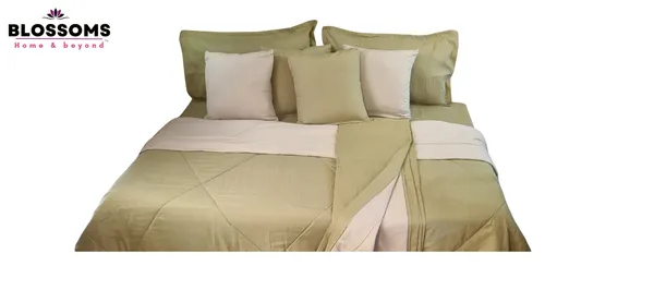 Blossoms_9_pc_green_and_cream_bedding_set_with_soft_and_durable_micro_cotton_fabric_._Includes_1_comforter(reversible)_,1_dohar_reversible,_1_bedsheet_,_2_pillows_and_4_cushion_covers_only_.