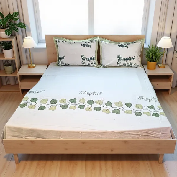 Blossoms_designer_offwhite_embroided_patchwork_bedsheet._Pure_cotton_fabric_with_king_size_|2_pillow_covers|.