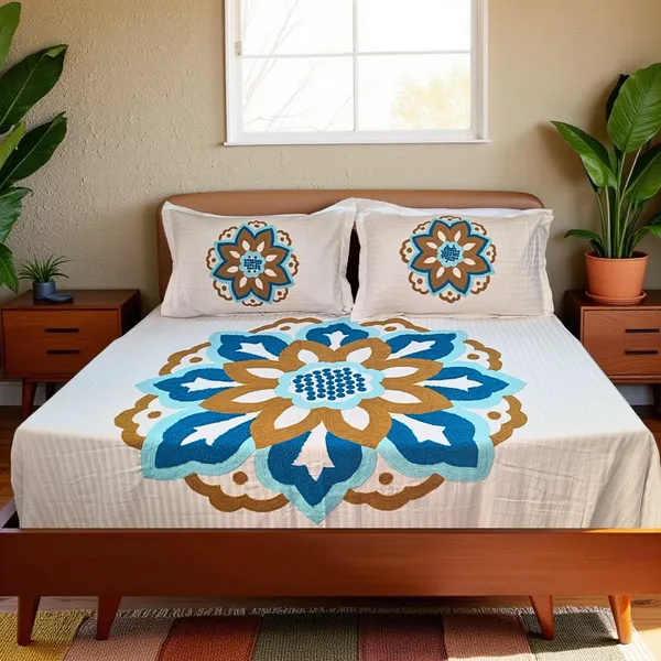 Blossoms_aari_plutch_work_floral_whole_Embroidered_bedsheet_with_2_embroidered_pillow_covers_._Pure_cotton_-off_white_fabric.