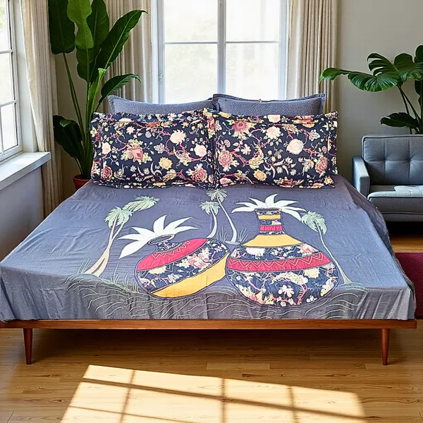 Blossoms_Embroidered_patch_work_kalash_design_on_grey_bedsheet_with_highly_detailed_design_and_2_printed_pillow_covers_._Pure_cotton_fabric.