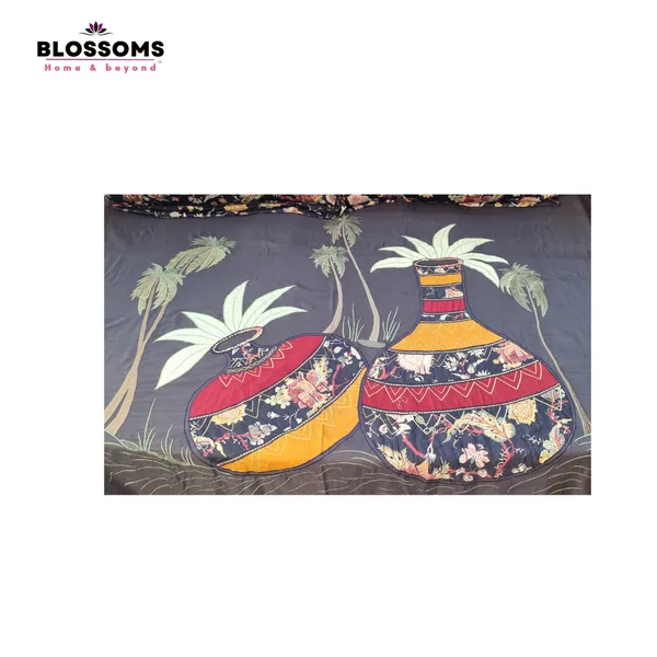 Blossoms_Embroidered_patch_work_kalash_design_on_grey_bedsheet_with_highly_detailed_design_and_2_printed_pillow_covers_._Pure_cotton_fabric.
