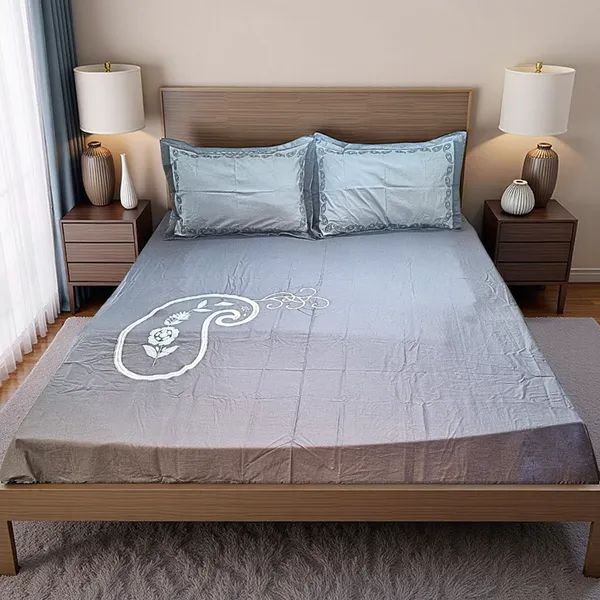 Blossoms_Grey_pure_cotton_paisley_embroided_bedsheet_with_embroided_2_pillow_case.