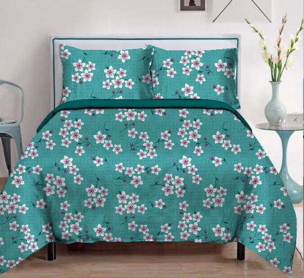 Green_Pure_Cotton_Floral_Printed_Double_Bed_Flat_Bedsheet_With_2_Pillow_Covers