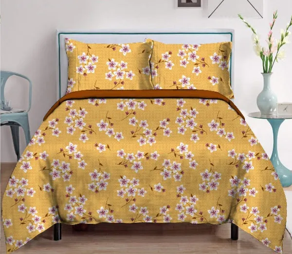 Yellow_Pure_Cotton_Floral_Printed_Double_Bed_Flat_Bedsheet_With_2_Pillow_Covers