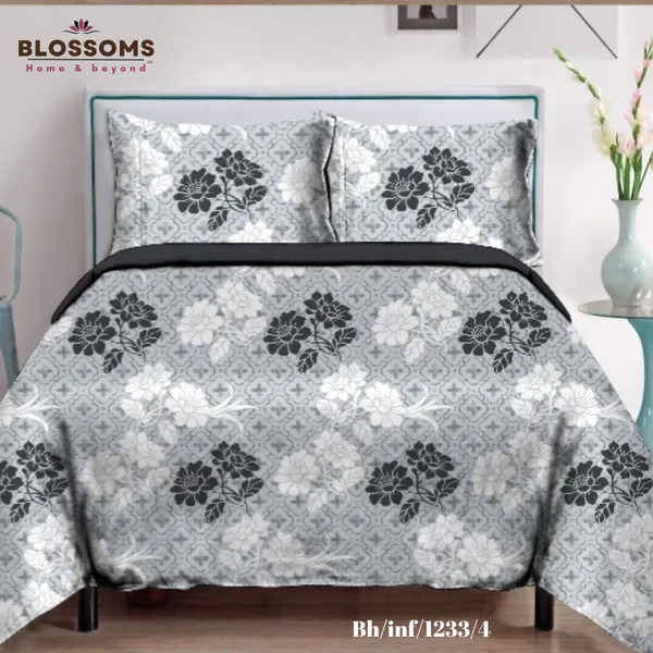 Grey_Floral_Printed_Queen_Size_Double_Bed_Bedsheet_With_2_Pillow_Covers