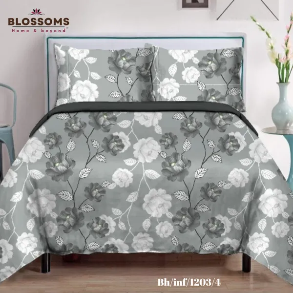 Grey_Floral_Printed_Queen_Size_Double_Bed_Bedsheet_With_2_Pillow_Covers