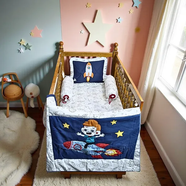 Blossoms_kids_bedding_set_of_space_theme_.1_bedsheet_(35"x45")_,1_pillow(12"x15"),2_bolster_(15"x15")_with_case_and_1_quilt_embroidered_(_35"x40").