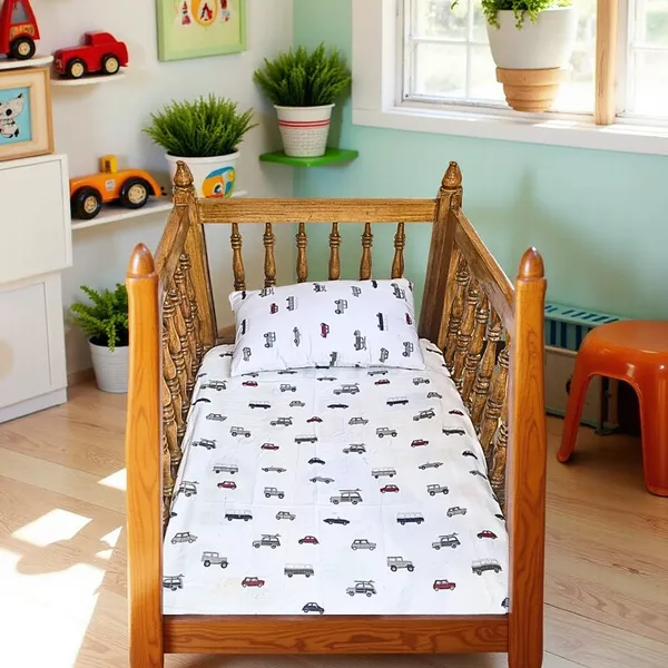 Blossoms_pure_cotton_kids_bedding_set_with_car_print._1_bedsheet_(45"x60"),1_pillow_with_filler_(12"x20")_ideal_upto_5_years.
