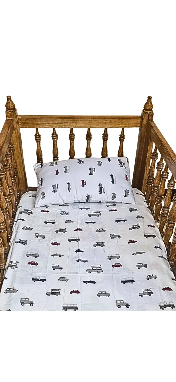 Blossoms_pure_cotton_kids_bedding_set_with_car_print._1_bedsheet_(45"x60"),1_pillow_with_filler_(12"x20")_ideal_upto_5_years.