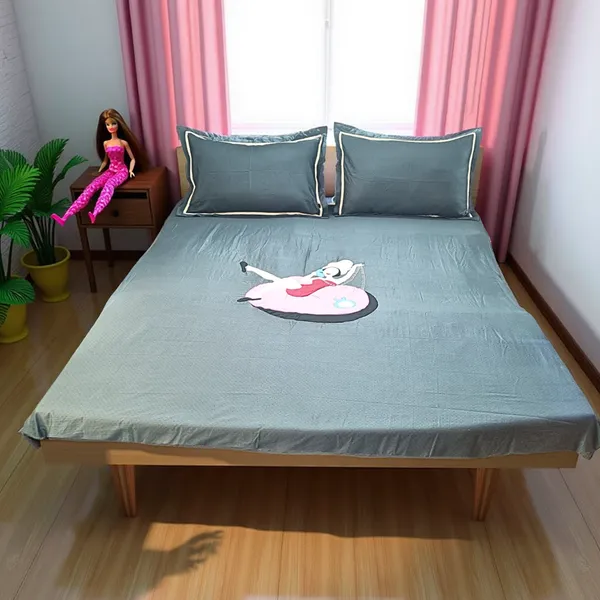 Blossoms_"KIDS"_grey_pure_cotton_bedsheet_with_barbie_cartoon_character_embroided_patch_work_with_2_pillows_|Set_of_3|.