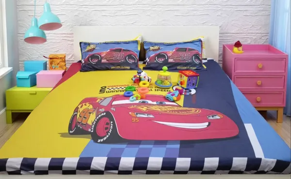Blossoms_kids_Mcqueen_car_printed_double_bedsheet_._Premium_super_soft_and_durable_400_TC_fabric_with_2_engineered_pillows_,_100%_cotton._Very_safe_for_kids.