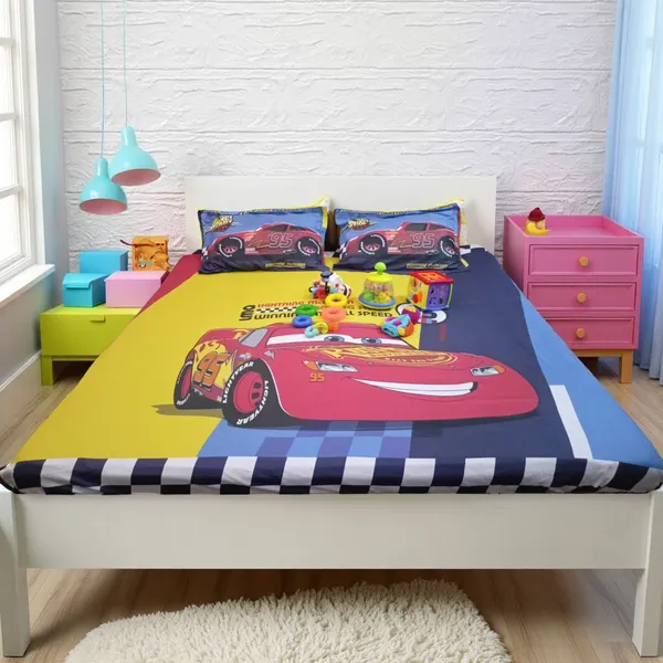 Blossoms_kids_Mcqueen_car_printed_double_bedsheet_._Premium_super_soft_and_durable_400_TC_fabric_with_2_engineered_pillows_,_100%_cotton._Very_safe_for_kids.