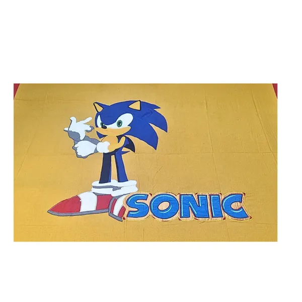 Blossoms_kids_mustard_yellow_pure_double_bed_cotton_bedsheet_with_sonic_cartoon_character_embroided_patch_work_with_2_pillows_._Set_of_3