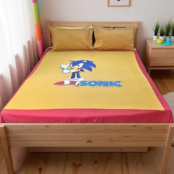 Blossoms_kids_mustard_yellow_pure_double_bed_cotton_bedsheet_with_sonic_cartoon_character_embroided_patch_work_with_2_pillows_._Set_of_3