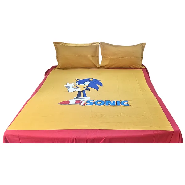 Blossoms_kids_mustard_yellow_pure_double_bed_cotton_bedsheet_with_sonic_cartoon_character_embroided_patch_work_with_2_pillows_._Set_of_3