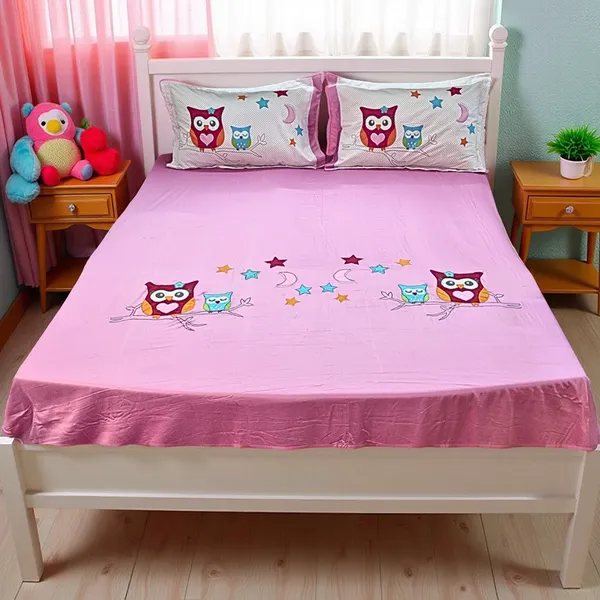 Blossoms_kids_pink_pure_cotton_bedsheet_with_owl_cartoon_character_embroided_patch_work_with_2_pillows_._Set_of_3