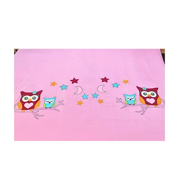 Blossoms_kids_pink_pure_cotton_bedsheet_with_owl_cartoon_character_embroided_patch_work_with_2_pillows_._Set_of_3
