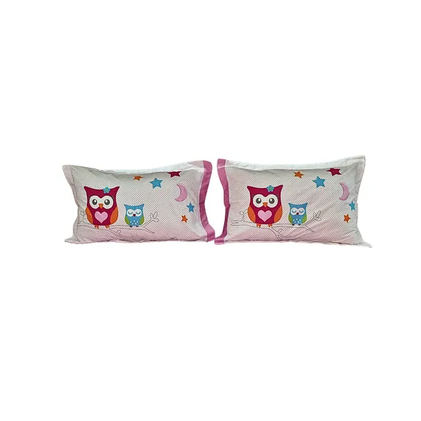Blossoms_kids_pink_pure_cotton_bedsheet_with_owl_cartoon_character_embroided_patch_work_with_2_pillows_._Set_of_3