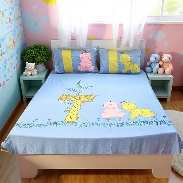 Blossoms_kids_sky_blue_pure_cotton_double_bedsheet_with_cartoon_character_embroidered_patch_work_with_2_pillows_._Set_of_3
