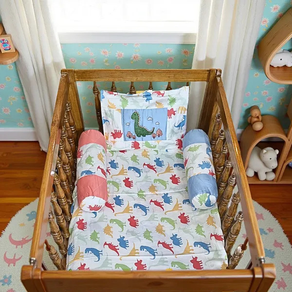 Blossoms_Kids_bedding_set_1_bedsheet_(36"x50")_1_pillow_(12"x15")_with_filler_with_dinosaurs_embroidered_and_2_bolster(15"x15")_with_cover,_1_bichoni_-(25"x35"),_1_quilt_(30"x40")_upto_3_years)