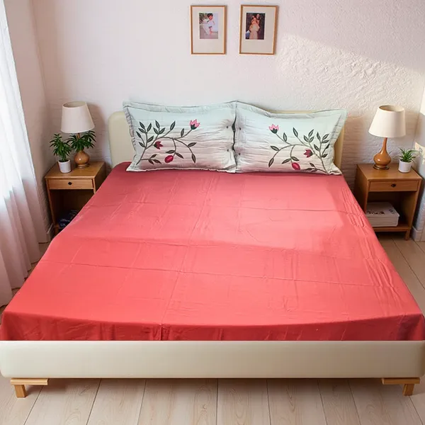 Blossoms_peach_bedsheet_with_2_quilted_embroided_pillowcovers._Pure_cotton_,_big_size_bedsheet.
