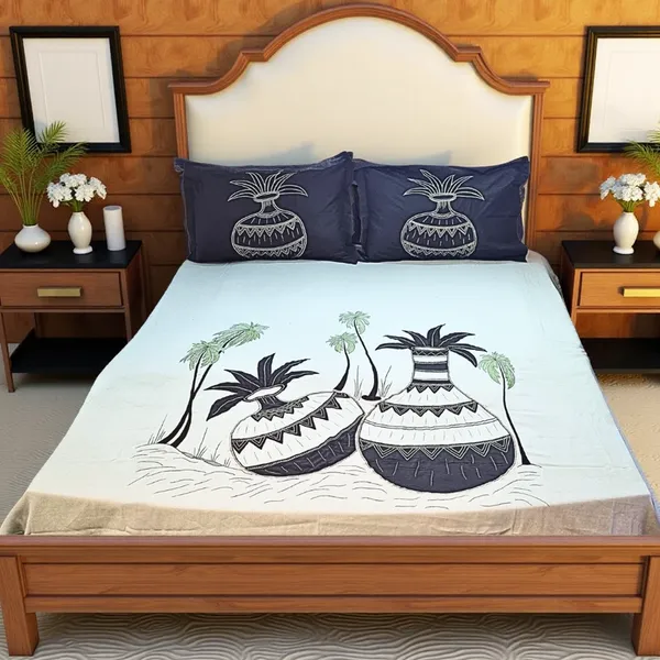 Blossoms_pure_cotton_embroided_patchwork_bedsheet_with_kalash_embroidery_with_2_embroided_pillow_covers.