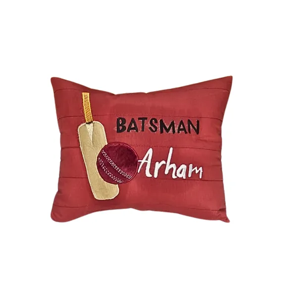 "Cricket"_theme_embroidered_personalised_cushion.Best_for_gifting.Name_can_be_changed