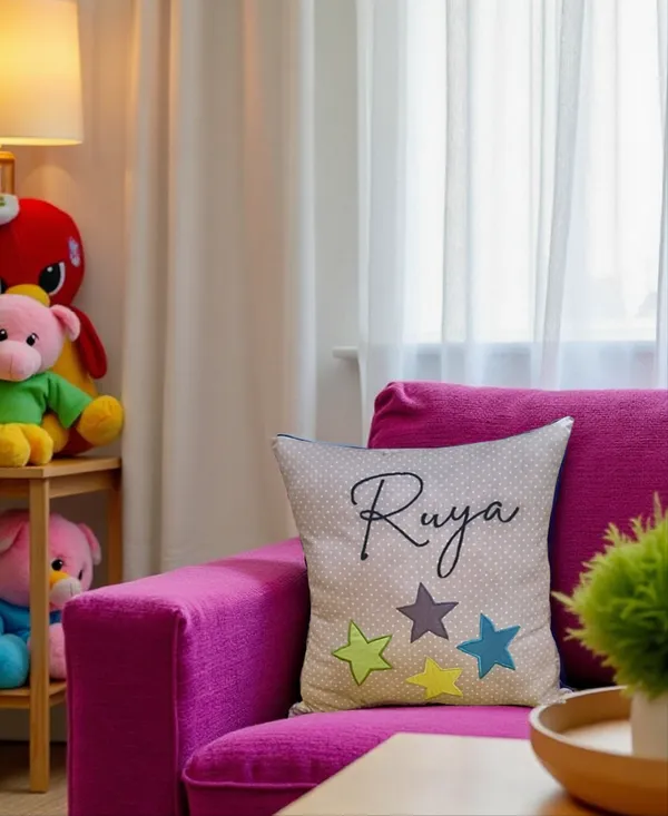 Blossoms_embroidered_pure_cotton_stars_and_name_Customised_cushion_with_filler_._Set_of_1_.