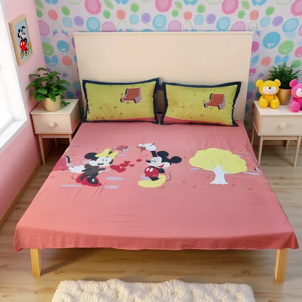 Blossoms_kids_Mickey_and_Minnie_mouse_embroidery_patch_work_pure_cotton_bedsheet_with_2_embroidered_pillows_.