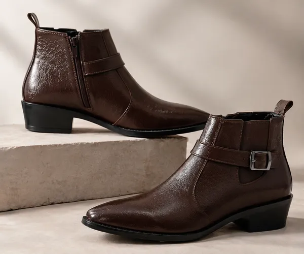 Kraasa_Men's_Synthetic_Leather_Ankle_Boots_with_Side_Buckle_Strap,_Elastic_Panel_&_Durable_TPR_Sole_Casual_&_Formal_Wear_Boot