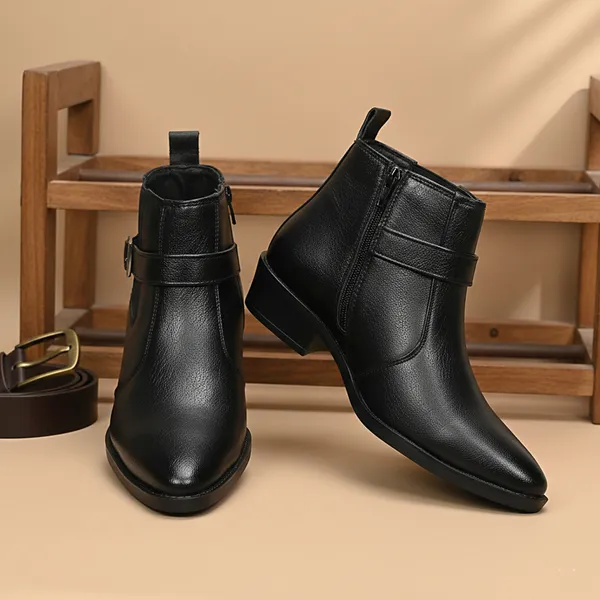Kraasa_Men's_Synthetic_Leather_Ankle_Boots_with_Side_Buckle_Strap,_Elastic_Panel_&_Durable_TPR_Sole_Casual_&_Formal_Wear_Boot