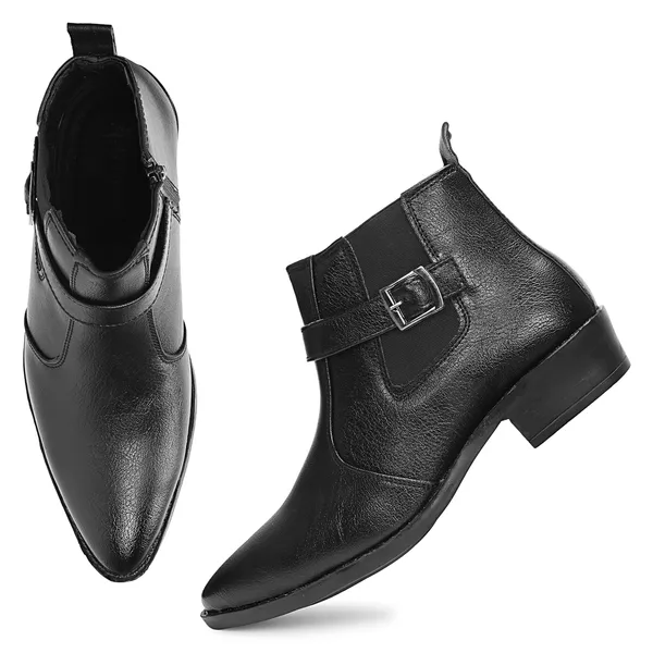 Kraasa_Men's_Synthetic_Leather_Ankle_Boots_with_Side_Buckle_Strap,_Elastic_Panel_&_Durable_TPR_Sole_Casual_&_Formal_Wear_Boot