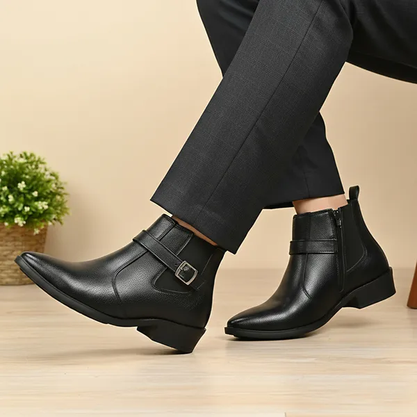 Kraasa_Men's_Synthetic_Leather_Ankle_Boots_with_Side_Buckle_Strap,_Elastic_Panel_&_Durable_TPR_Sole_Casual_&_Formal_Wear_Boot