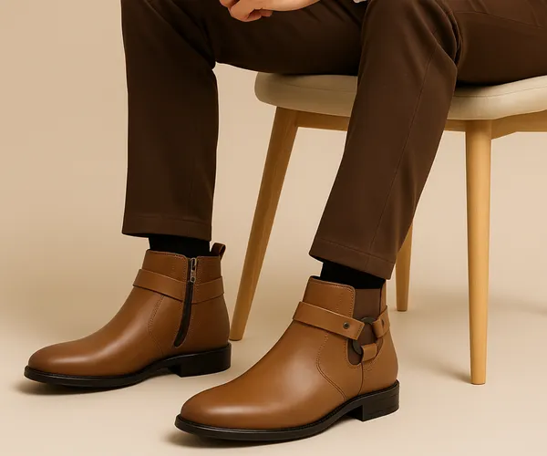 Kraasa_The_Harness_Mens_stylish_vegan_Leather_Chelsea_Boots_with_Side_Zipper_&_O-ring_Strap_Elastic_Panel_Ankle_Boot_(Tan_/_Black_/_Brown)