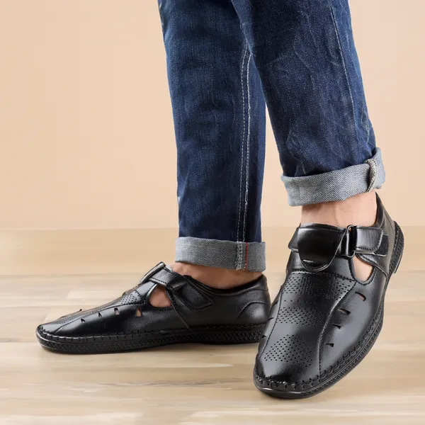 Black_Synthetic_Leather_Hook_&_Loop_Sandals_|_For_Men