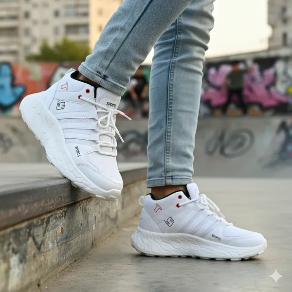 White_Synthetic_Leather_Lace_Up_Running_Shoes_|_For_Men