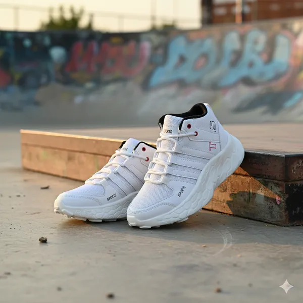 White_Synthetic_Leather_Lace_Up_Running_Shoes_|_For_Men