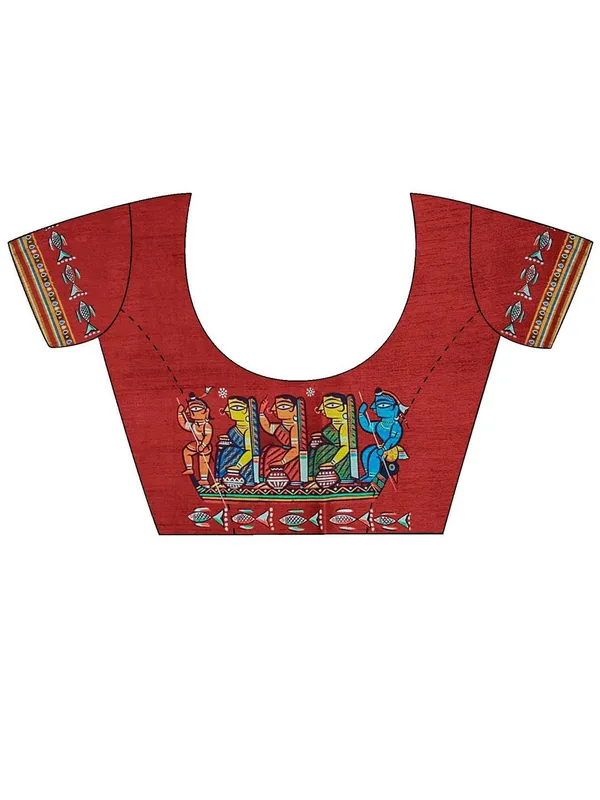 Red_Blended_Silk_Tussar_With_Kalamkari_Print_&_Printed_Border_Saree_For_Women_|_With_Unstitched_Blouse