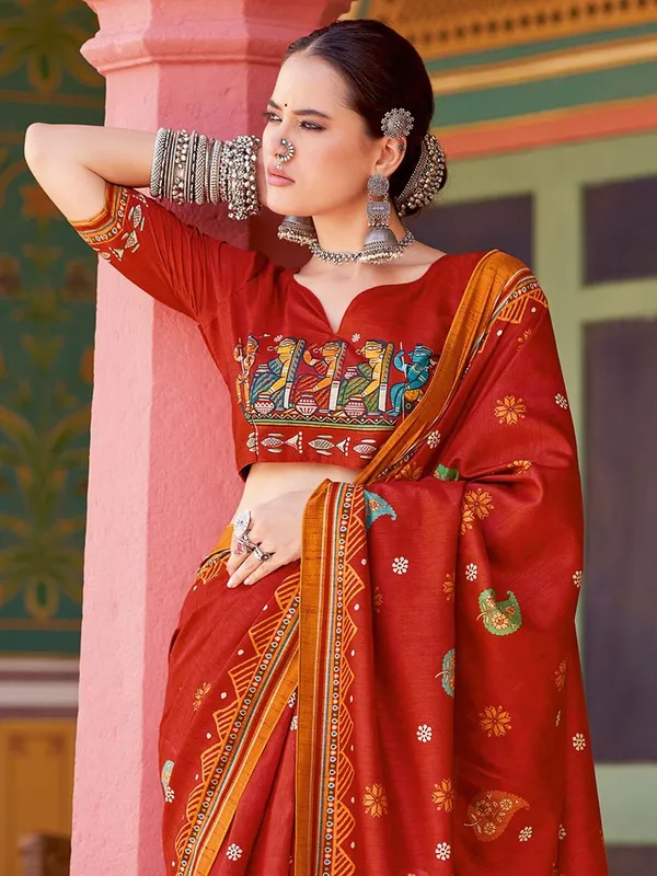 Red_Blended_Silk_Tussar_With_Kalamkari_Print_&_Printed_Border_Saree_For_Women_|_With_Unstitched_Blouse